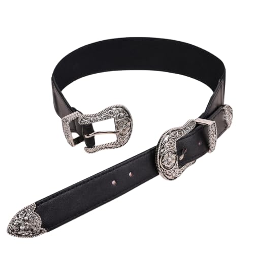 Image of Womens Belt Chain Leather Belts Vintage Western Adjustable Elastic Double Buckle for Cowboy Pant Dress