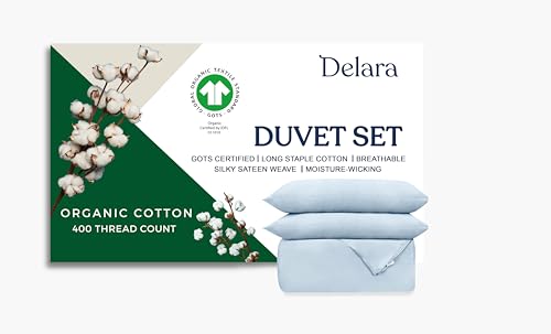 Delara GOTS Certified 100% Organic Cotton Duvet Cover Set 400TC, Long Staple Cotton, Ultra Soft, Silky, Moisture-Wicking, Smooth & Breathable, Duvet for Hot Sleepers with 8 Internal Ties