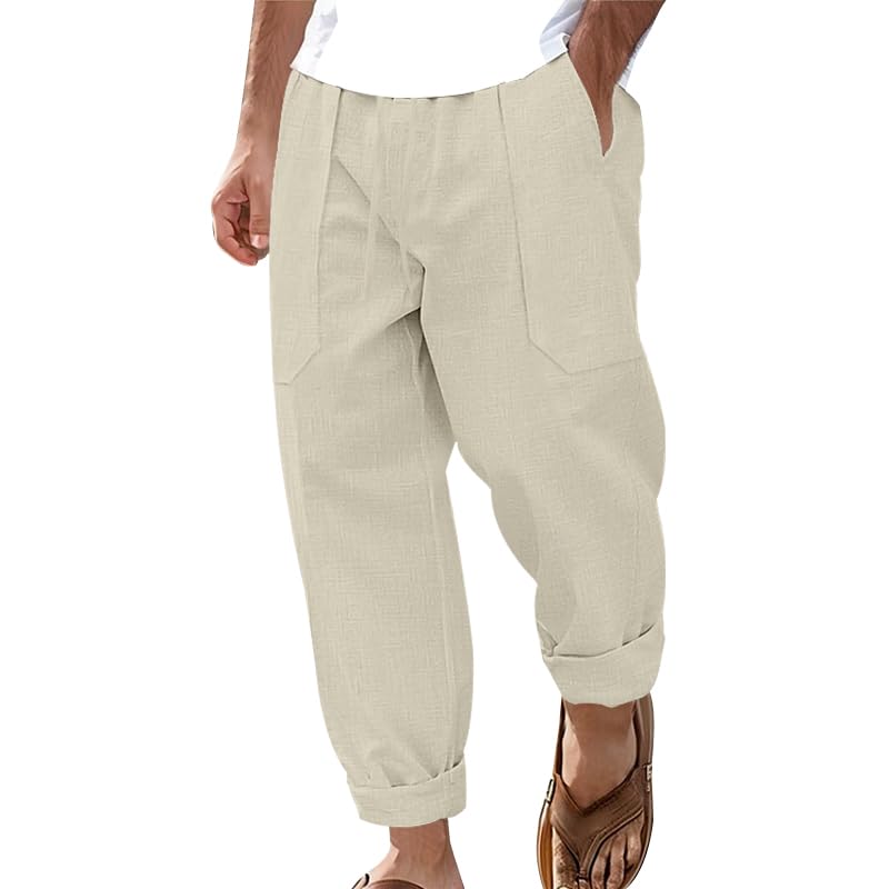 Linen Pants for Men Lightweight Summer Mens Pants Elastic Waist Drawstring Baggy Linen Trousers with Pockets