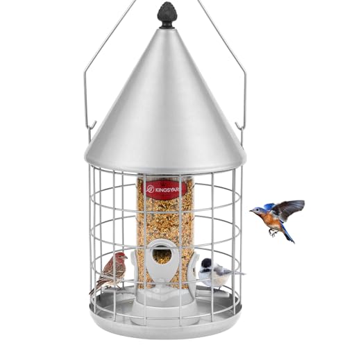 Kingsyard Squirrel Proof Caged Bird Feeder for Outdoor Hanging - 3LBS Storage Tube Seed Feeder with 4 Feeding Ports, Rainproof Dome, Easy to Refill, Removable for Cleaning. Silver
