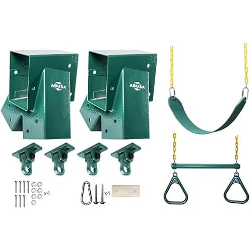 ABUSA Heavy Duty Swing Sets Brackets Including 2 Green A-Frame Swing Set Brackets 1 Swing Seat 1 Ring Trapeze Bar and 4 Swing Hangers for Playground Equipment Mounting Parts Hardware Included