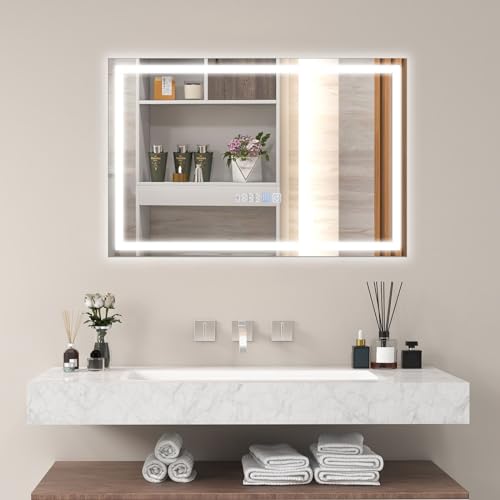 LIFEZEAL Badspiegel mit Beleuchtung & Uhr, Badezimmer Spiegel Wandspiegel mit 3 einstellbare Lichtfarbe, LED-Spiegel mit Antibeschlag, Netzkabel 85cm, Kosmetikspiegel für Badezimmer, WC (75 x 50 cm)