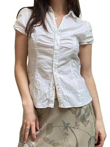Damen Basic Button Down Bluse Shirts Kurzarm V Ausschnitt Revers Kragen Enge Bluse Tie Up Back Slim Fit Tops Sommer Büro Hemd, weiß, S