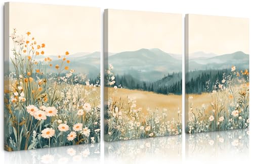 Boho Mountain Flower Wall Art Green Daisy Landscape Canvas Wall Decor Abstract Wildflower Art Prints Watercolor Floral Painting Picture Nature Poster for Living Room Bedroom 16x24x3 Inch Ready to Hang