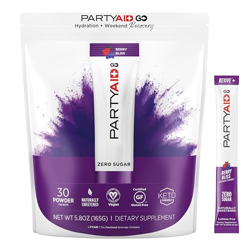 Image of PARTYAID GO Feel Good Tonight and Tomorrow, Zero Sugar, 5-HTP, B-Complex, Milk Thistle, Electrolytes, No Artificial Flavors or Sweeteners, Caffeine-Free, 30 Count (Pack of 1)