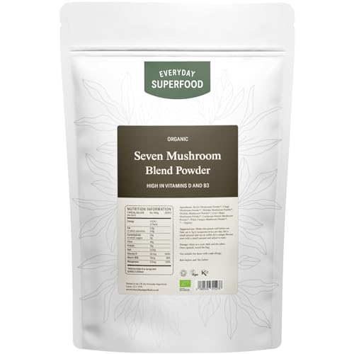 Everyday Superfood Mezcla de siete hongos orgánicos en polvo de 100 g, 7 champiñones incluyendo melena de león, adecuado para cocinar y bebidas de café