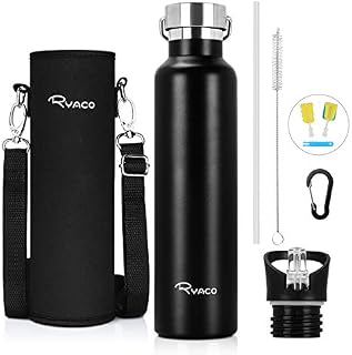 RYACO Stainless Steel Water Bottle, Vacuum Insulated Double Walled Drinking Bottle BPA-Free Leak Proof Flask, Stay Cold for 24Hrs & Hot for 12Hrs, with 2 Exchangeable Caps, Neoprene Sleeve