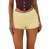 JINZIYINZI Women Y2k Lace Ruffle Layered Shorts Fairy Lolita Tiered Bloomer Cute Boy Shorts Mini Pettipants Teen Girls Apricot