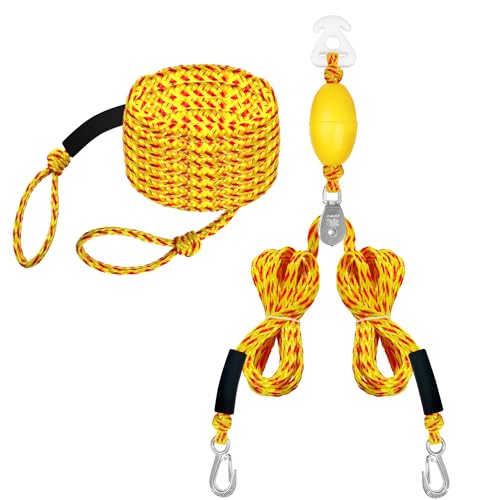 Boat Tow Harness and 60ft Tow Rope Set for 13 Riders Heavy Duty Floating Tow Tube Rope Universal Boat Towing Kit for Inflatable Towable Tubes (Yellow&red 12 ft Tow Harness + 60 ft 3k Tow Rope)