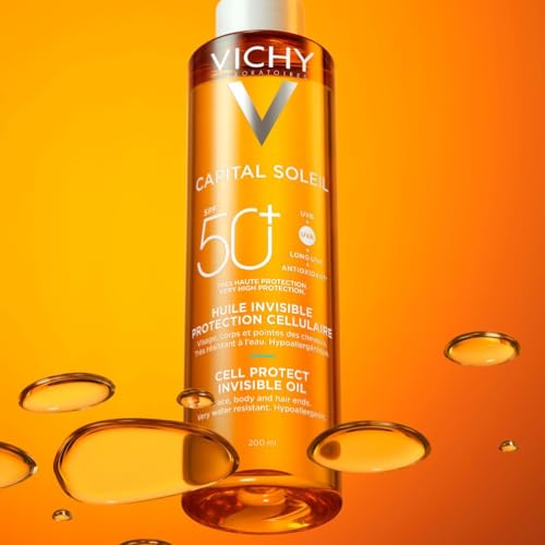 Vichy, Capital Soleil, Huile Solaire SPF50+, Visage, Corps et Cheveux, Résiste à l'Eau, Protection Très Large Spectre UVA et UVB, Tous Types de Peaux, 200 ml