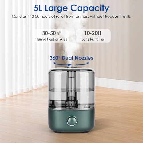 Humidificateur d'air pour chambre à coucher, 5 l, à ultrasons, 28 dB, silencieux, avec buse rotative à 360°, augmentation de l'humidité pour chambre d'enfant, bureau, plantes de bébé, vert – Image 4