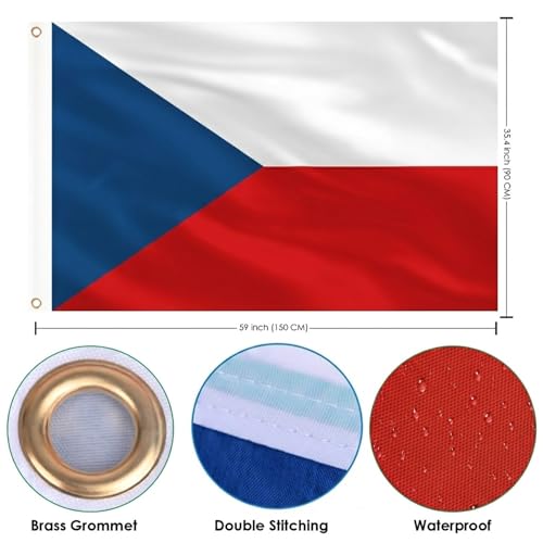 Image of AhfuLife Czechia Flag 5ft x 3ft for Party Decor, 1 Pcs Large Czech Flag Polyester Double Side with Brass Eyelets for World Cup Garden Street Indoor Outdoor