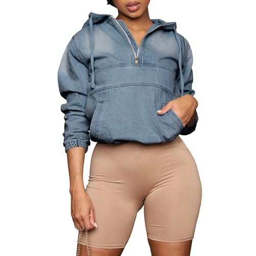 Pinsv 3408 Women Half Zip Denim Hoodie Pullover Jacket Jean Sweatshirt Tops thumb #3