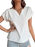 LYANER Women's Casual Notched V Neck Rolled Short Sleeve Work Blouse T-Shirt Top White Medium
