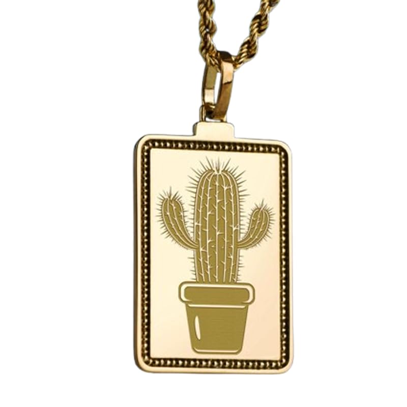 Collier cactus gravé main en argent sterling 925 précieux et finition plaqué or