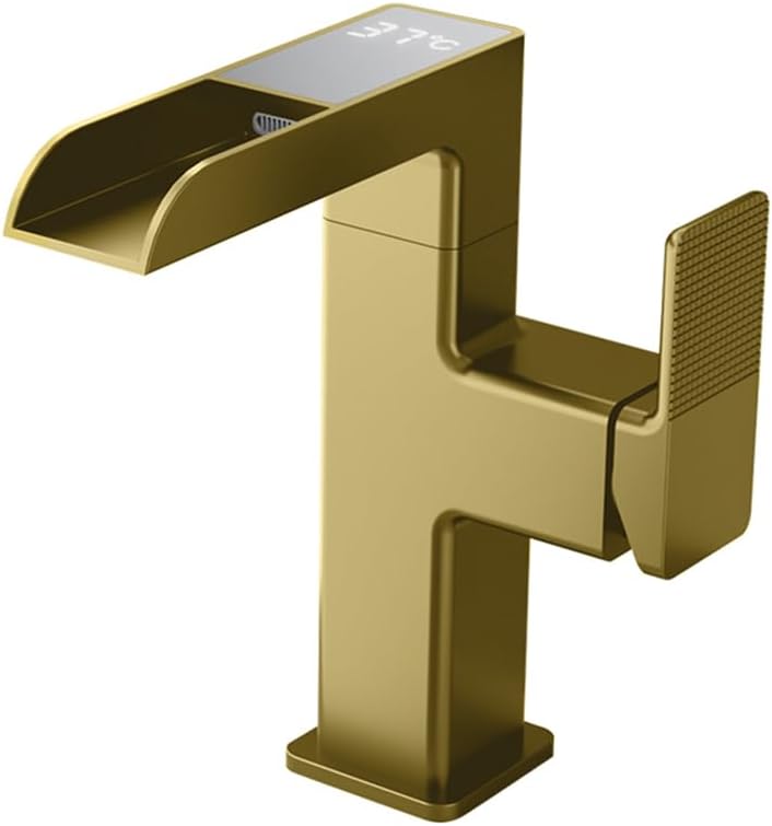 Bathroom Single Handle One Hole Basin Sink Vanity Square Waterfall Faucet LED Temperature Digital Display Mixer Tap with Swivel Spout,Brushed Gold