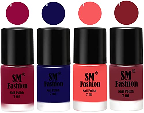 Image of Nail Polish Combo Set (Pack of 4) Quick Dry Gel Finish Nail Paint | Cherry Blossom,Dark Blue,Light Pink,Lip | 7 ml Each