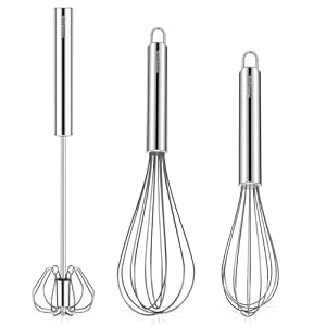 NileHome Stainless Steel Whisk Set 8″ 10″ Hand Blender + 12″ semi-Automatic Rotary Kitchen Whisk Balloon Whisk Kitchen Wisk Wire Whisks for Cooking, Whisking, Blending, Beating, Stirring- 3 Pack…