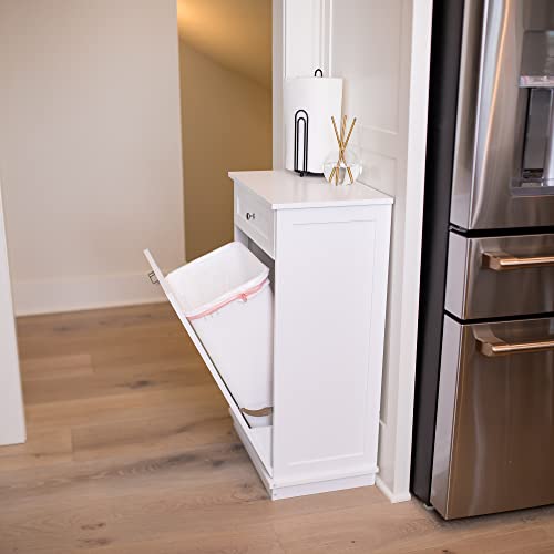 Trash Bin Cabinet | Tilt Out Dog Proof Trash Can Holder Kitchen Recycling Cabinet With Hideaway Drawer Add Countertop Space (White) 35.5” H X 13.5” D X 20” W #TOP3