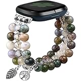 Newlibery Natural Stone Beaded Bracelet Watch Band Women for Fitbit Versa 4/Versa 3/Sense 2/Sense Bands Feminine Cute Handmade Boho Elastic Stretch Strap Replacement Agate Healing Stones Wristband