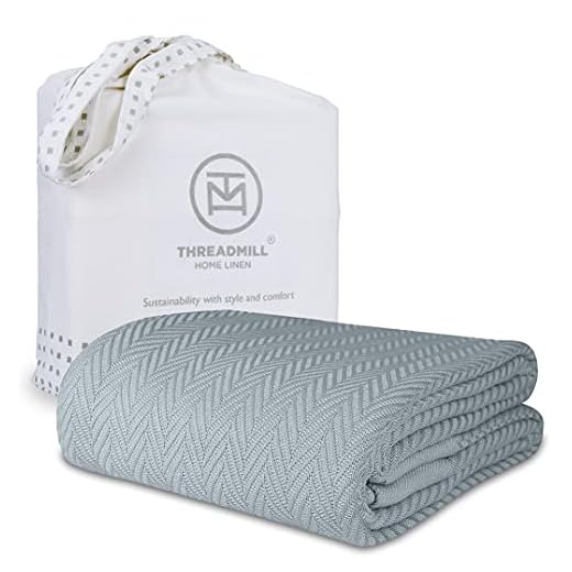 Threadmill Luxury Cotton Blankets for Queen Size Bed | All-Season 100% Cotton Queen Size Blanket | Herringbone Cozy, Soft Breathable Fall Thermal Blanket fits Full Size Bed | Scottish Grey