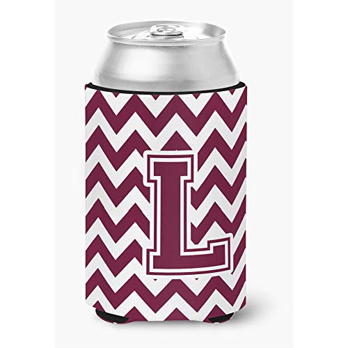 Caroline's Treasures CJ1051-LCC Letter L Chevron Maroon and White Can or Bottle Hugger Cooler Washable Drink Sleeve Collapsible Beverage Insulated Holder, Can Hugger, Multicolor