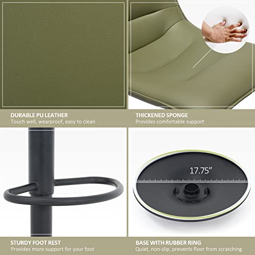 Brage Living Adjustable Bar Stool, Modern PU Leather Swivel Counter Height Barstool with Back, Armless Airlift Curved Bar Chair for Kitchen Dining Cafe, 1 pc (Olive Green, Black Base)