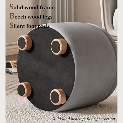 Tabouret rond pouf bois massif repose-pieds lin technique - 7