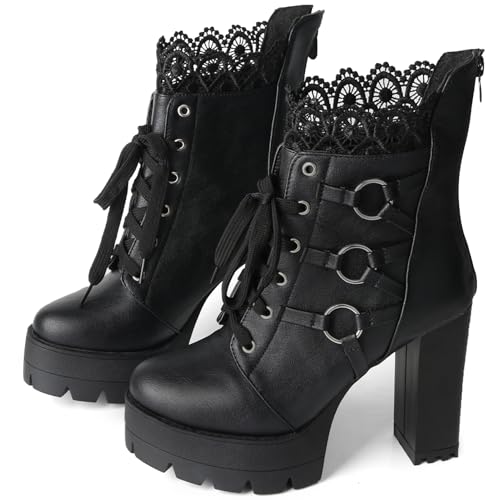 Image of FOREADA Goth Boots Chunky Heel Boot For Women Ankle Combat Booties Black Platform Bootie Buckle Rivets Punk Goth Shoes With Zipper