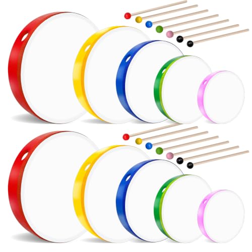 10 Pcs Kids Hand Drums Wood Frame Drum Set with Drum Stick 12 Inch 10 Inch 8 Inch 6 Inch 4 Inch...