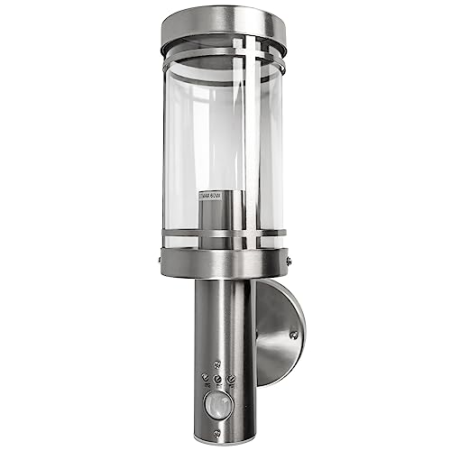 Grafner Edelstahl Wandlampe silber, Bewegungsmelder, IP44, E27 Fassung, ideal für smarte LED-Leuchtmittel, Klarlack-Beschichtung, Wandleuchte Wand Lampe Außen Außenwandleuchte spritzwassergeschützt