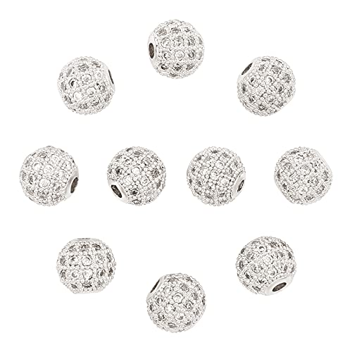 NBEADS 10 Pcs 8mm Micro Pave Cubic Zirconia Beads, Platinum Color Brass Clear Crystal CZ Stones Pave Micro Setting Disco Ball Spacer Beads Round Cubic Zirconia Charm Beads for Jewelry Making