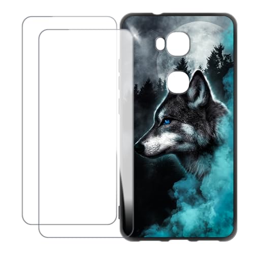 UOGNADGD Compatible with Huawei Honor 5X Case Colorful Custom Cover with 2 Pack Tempered Glass Screen Protectors - Shockproof Scratch-Resistant (Wolf 1)
