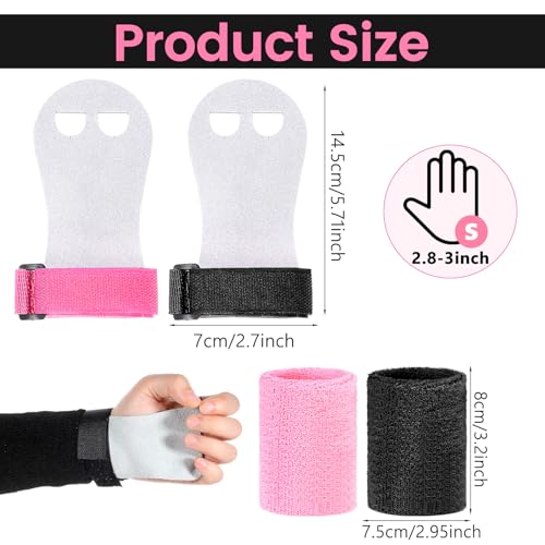AOZUO 4 Gymnastics Gloves for Bars Girls, Gymnastics Grips Wristbands Sets Pink Black Gymnastic Hand Grips with Wristbands Gymnastic Bar Palm Protection Wrist Support for Kids Workout Exercise(S)