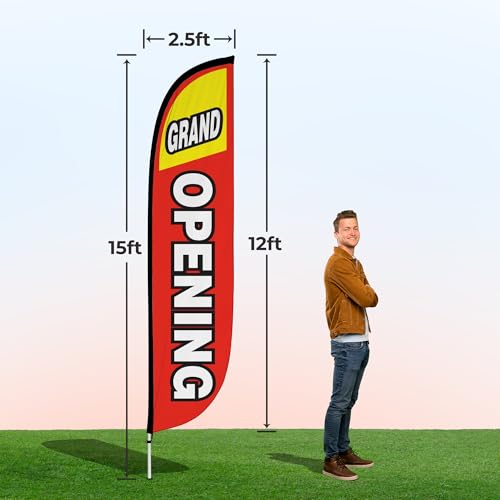 Image of LookOurWay Feather Flag Pole Kit - 12 Feet Tall Advertising Flag Banner with Fiberglass Pole Kit and Ground Spike for Business Promotion - Grand Opening Flags - Grand Opening Red & Yellow (10M1200028)