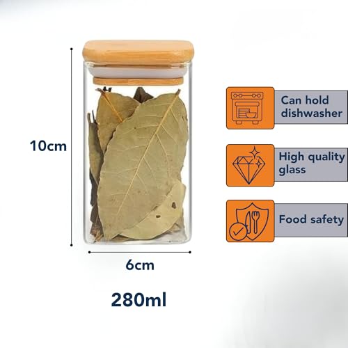 Image of Airtight Square Glass Storage Jar with Bamboo Lid, 280ml Pack Of 6 | Borosilicate Multipurpose Kitchen Container for Coffee, Tea, Sugar, Masala, Spices & Dry Fruits | Transparent Pantry Organizer