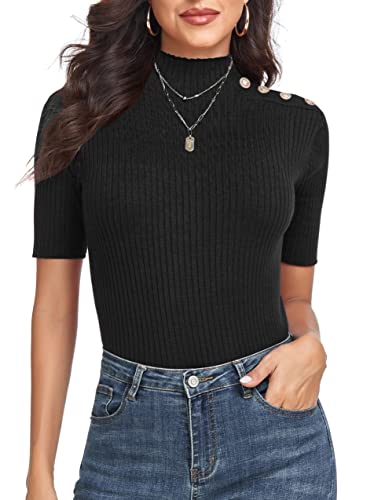 PrettyGuide Women's Short Sleeve Sweater Tops Mock Neck with Button Pullover Slim Fit Casual Business Knit Basic Top2