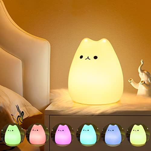 Afootry Night Light for Kids, Cat Lamp Cute Night Light for Kids Room Nursery Baby Toddler Teen Kawaii Room Decor,Rechargeable Silicone Dimmable Cat Night Light with Timer & 7 Colors(4.1"x4.1" x5.2")