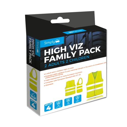 Simply SHV4 High Viz Vest Family Pack – 2 Adults & 2 Children – European Safety Compliant – Durable Material – Hook & Loop Fastening – Washable