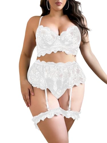 Image of Verdusa Women's Plus Size 4 Piece Lingerie Set Floral Lace Sheer Bralettes and Thong with Garter Belt