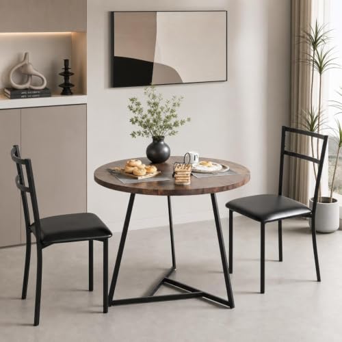 Image of 3 Piece Small Round Dining Table and Chairs Set 2 Upholstered Seat Cushions