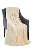 SAOL Luxurios Dara 100% Merino Wool Cable Knit Aran Bed & Couch Sofa Throw/Blanket (Natural) by 69 x 44 inches