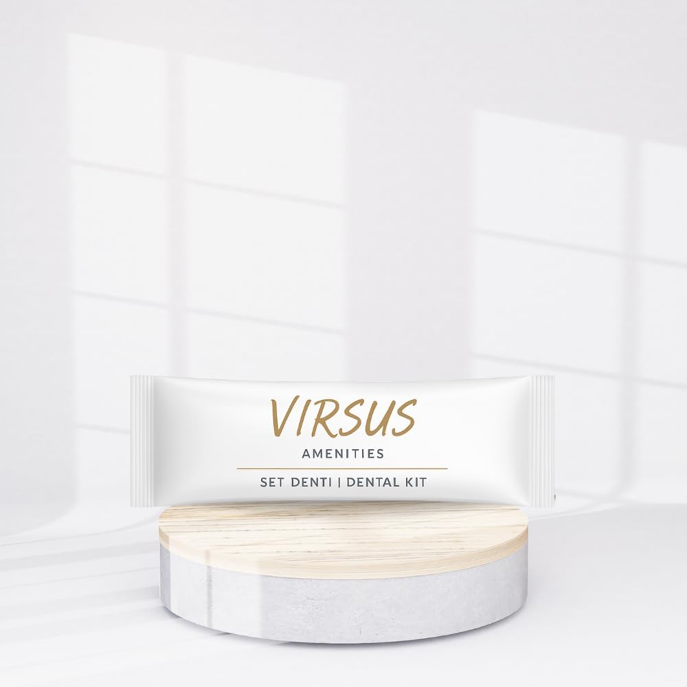 Virsus Set Igiene Orale monouso imbustato, confezione Flowpack bianca, spazzolino denti trasparente e tubetto Dentifricio da 5ml, per Albergo Hotel B&B Host, Set da Viaggio Linea cortesia (100)