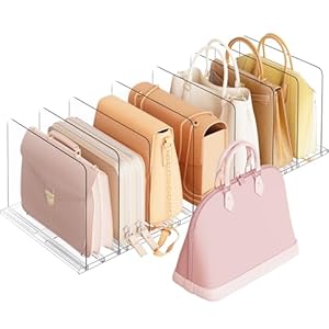 Criusia Adjustable Closet Purse Organizer Rack – 28.8″ Extra-Long Shelf Divider with 6 Base Panels & 8 Dividers – Non-Slip Handbag Holder for Bags, Clothes, Kitchen, Office