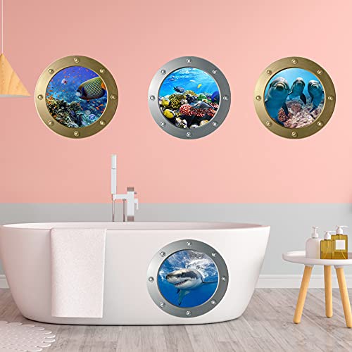 4Pcs Ocean World Wall Stickers With Plastic Spatula, Fodiens 3D Porthole School Of Fish Wall Decor, Removable Sealife Art Decals For Kids Nursery Bedroom Living Room #TOP2