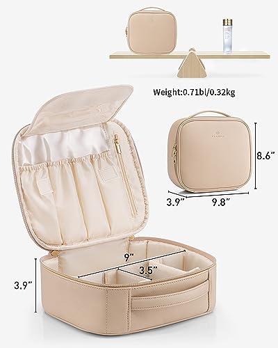 Vlando Travel Makeup Bag, Large Capacity Cosmetic Bag for Women PU Leather Makeup Case Organizer Portable Make up Bag with Dividers and Handle for Girls,Wedding,Makeup Brushes Milk Tea4