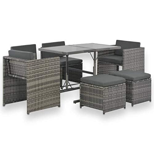 Faroom Conjunto Comedor Exterior de Ratán 7 Piezas, Muebles Terraza con Cojines, Gris