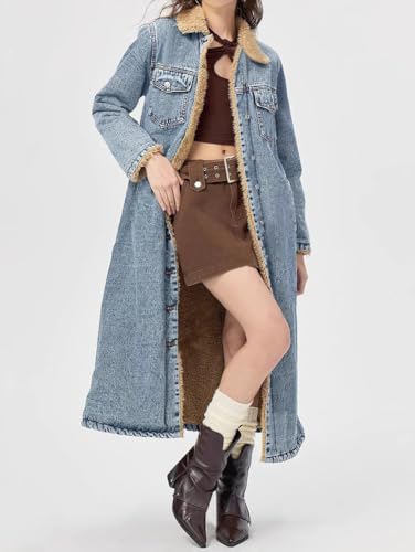 chouyatou Women's Winter Sherpa Lined Midi Long Denim Jacket Casual Distressed Button Down Jean Trench Coat2