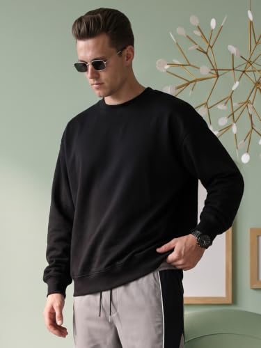 Image of Veirdo Cotton Poly Fleece Oversized Fit Full Sleeves Ribbed Solid Crew Neck Sweatshirt for Men