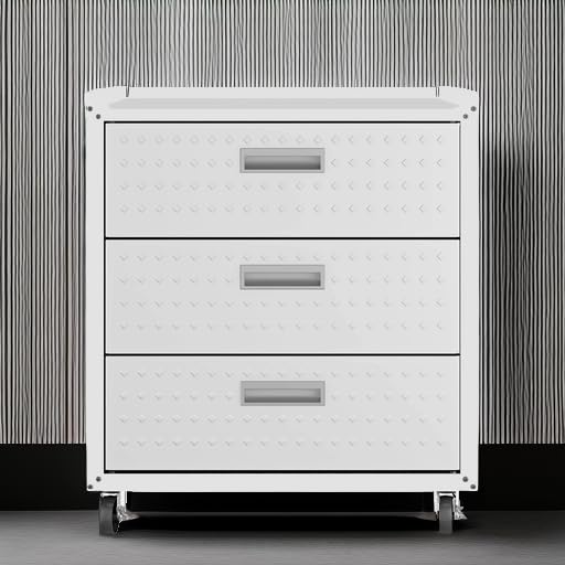 Image of Manhattan Comfort Fortress 31.5-Inch Rolling Garage Tool Chest, 3-Drawer Lockable Mobile Storage Cabinet, Diamond-Textured Steel Utility Organizer with Wheels for Basement, Workshop in White